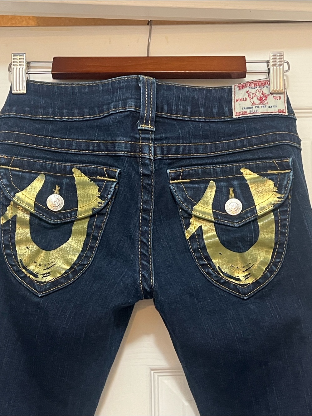 True Religion Women's Skinny Jeans in Dark Indigo with Gold Accents